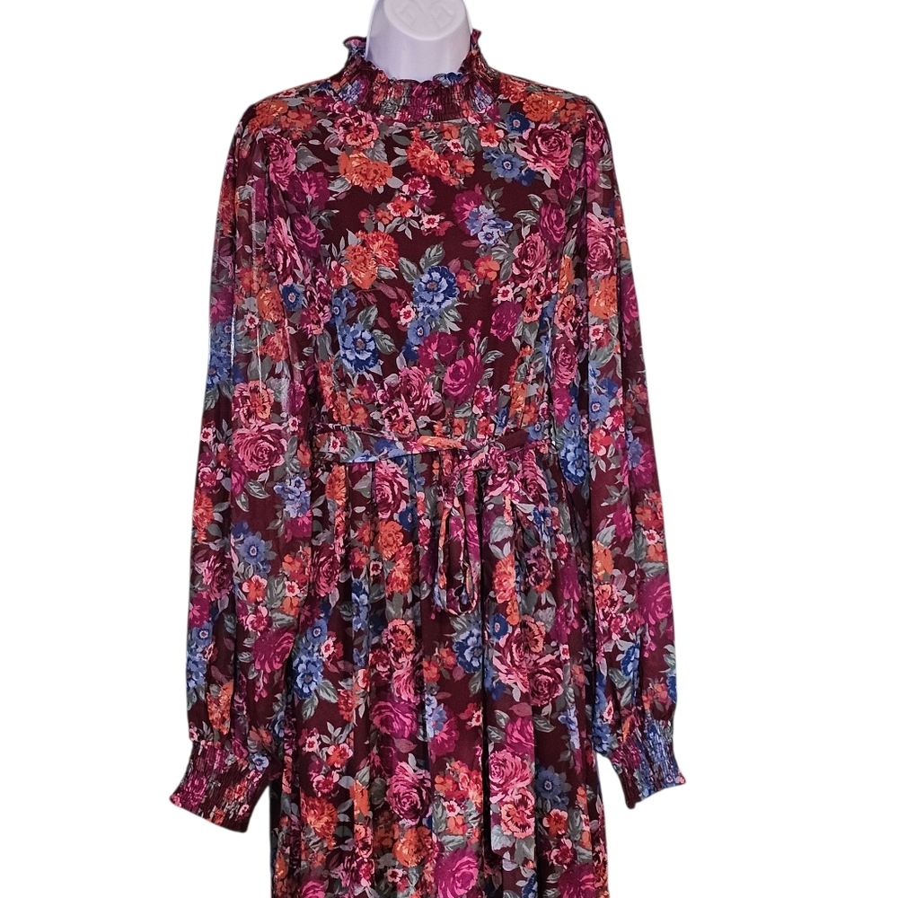 AURA Floral Maxi Dress Burgundy Boho Mock Neck Lantern Sleeve Tiered Belted L - Picture 5 of 11